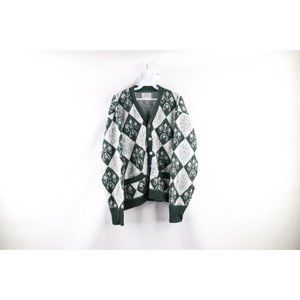 Vintage 70s Mens Size Large Geometric Diamond Knit Button Cardigan Sweater USA